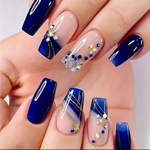 Press on nails Elegant Blue and Gold Nails set of 24 new - Picture 6 of 6